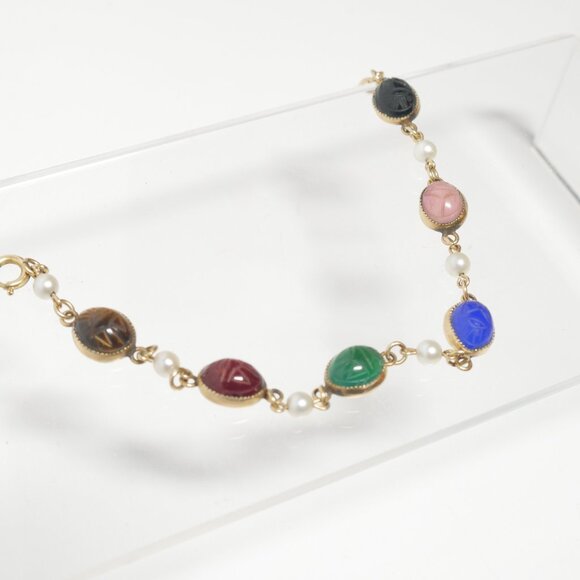 Scarab Bracelet 1/20 12KGF 12 kt Gold Filled Carved Semi Precious Stones Vintage - Picture 2 of 8